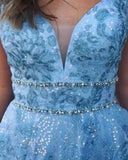 Elegant A Line Lace Appliques Blue V Neck Prom Dresses, Long Evening STB20407