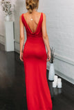 Simple Spaghetti Straps Red Mermaid V Neck Prom Dress with High Slit, Open Back Dance Dress STB15401