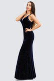 V-Neck Spaghetti Straps Velvet Dark Navy Blue Mermaid Evening Dress, Prom Dresses STB15480