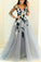 Gray organza V-neck long sleeves see-through handmade flowers A-line Prom Dresses
