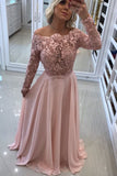 Boat Neck Long Sleeves Prom Dresses A Line Chiffon With Applique And