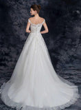 Off the Shoulder Tulle Wedding Dress with Lace Applique, A Line Long Bridal Dresses STB15273