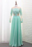 Scoop A Line Chiffon Long Sleeves Prom Dresses With Applique