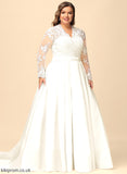 V-neck Wedding Dress Bow(s) Ball-Gown/Princess Satin Lace With Hilary Wedding Dresses Court Train