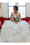 V Neck Organza Ball Gown Wedding Dress With Ruffles Beadings Sash Bridal