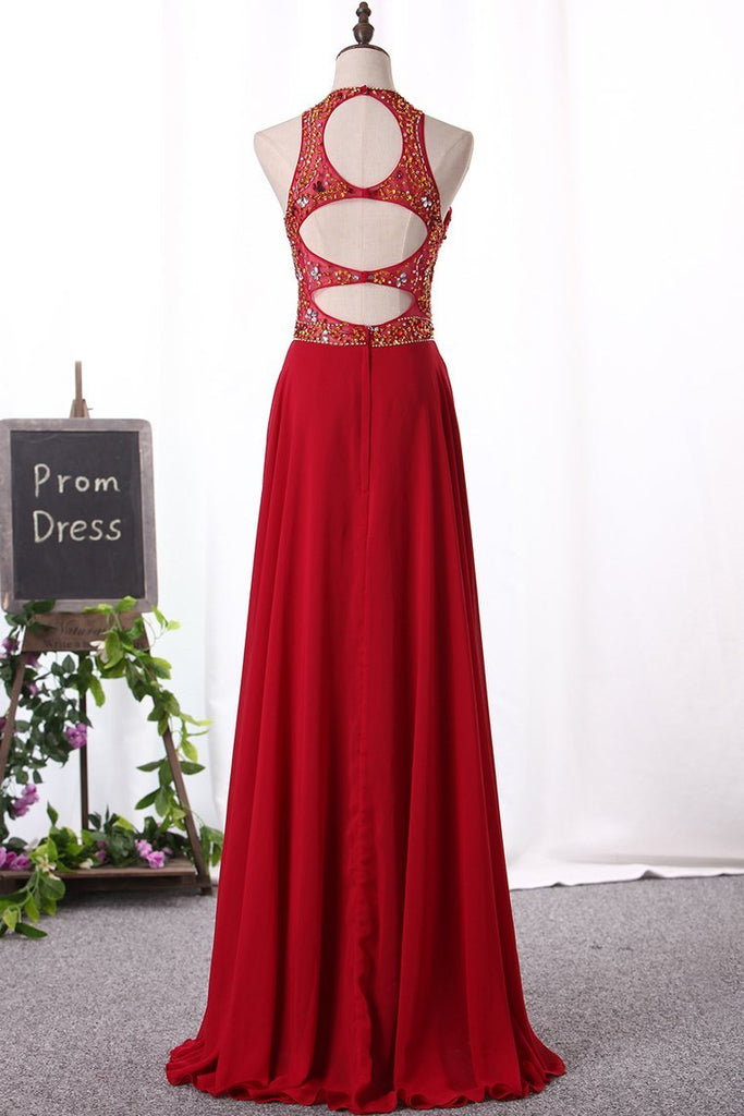 A Line Scoop Prom Dresses Chiffon With Beaded Bodice Floor