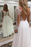 A Line Floor Length Long Sleeves V Neck Tulle Beach Wedding Dress With