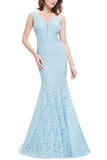 Sexy Fitted Lace Mermaid Blue V Neck Long Prom Dresses Evening Dresses STB15334