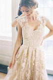 Elegant V-Neck Sleeveless Cap Sleeves Floor-Length Wedding Dress With STBPRQZPNT7