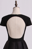 Open Back V-Neck Short Sleeve A-Line Satin Evening Dress Black Bodice Floor-Length