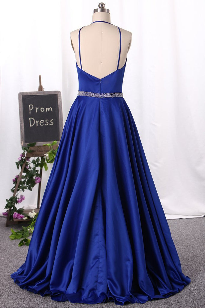 Spaghetti Straps Open Back Prom Dresses Satin With Beading