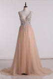New Arrival V Neck Open Back Prom Dresses A Line Tulle With
