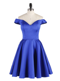 Elegant Satin Off the Shoulder Short Length A line V Neck Blue Homecoming Dresses