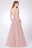 Simple A Line Pink V Neck Tulle Sleeveless Prom Dresses Long Bridesmaid Dresses STB15383