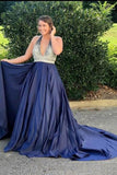 Prom Dress Halter Satin With Beads&Sequins Open Back Court