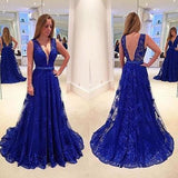 Elegant Royal Blue Lace Backless V-Neck Sleeveless A-Line Long Sexy Prom Dresses