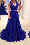 Elegant Royal Blue Lace Backless V-Neck Sleeveless A-Line Long Sexy Prom Dresses