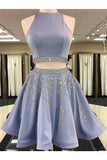 A Line 2 Pieces Beaded Satin Short Homecoming Dresses