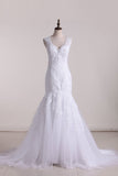 Tulle Wedding Dresses V Neck With Applique Mermaid Chapel