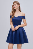 Cute Blue Off The Shoulder Lace Up Satin Homecoming Dresses