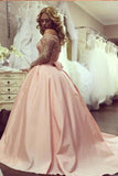 New Arrival Ball Gown Boat Neck Satin With Applique Prom Dresses Long Sleeves