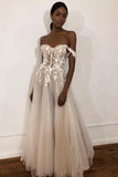 Unique Off The Shoulder Ivory Long Wedding Dress With Appliques Sweetheart Wedding STBPMJM4785
