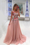 A Line Straps Appliqued Prom Dress, Cheap Sweep Train Tulle Evening