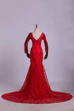 V-Neck Evening Dresses Mermaid With Applique Lace And Tulle Burgundy/Maroon