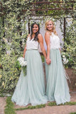 2 Pieces Tulle Ivroy And Mint Long Simple Cheap Elegant Bridesmaid Dresses STB15543