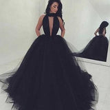 2024 Elegant Black Ball Gown Sexy Backless Long Sleeveless V-Neck Tulle Prom Dresses