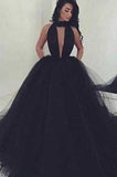 2024 Elegant Black Ball Gown Sexy Backless Long Sleeveless V-Neck Tulle Prom Dresses