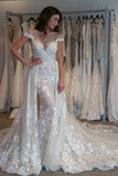 Gorgeous Cap Sleeves Sheer Neck Long Wedding Dress With Detachable STBPLAP8XH8