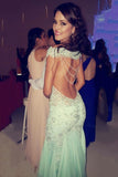Open Back Mermaid Scoop Prom Dresses Tulle With Applique Sweep