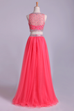 Two-Piece Bateau Beaded Bodice Princess Prom Dress Pick Up Tulle Skirt Floor