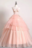 Princess Ball Gown Pink 3D Lace Multi-layered Prom Dresses, Tulle Quinceanera Dresses STB15292
