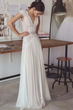 Unique V Neck Cap Sleeves Chiffon Beach Wedding Dress With Beading STBPGG9HAF7