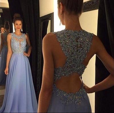 Lace Open Back Sexy Blue Chiffon Cheap A-Line Beads Sleeveless Scoop Prom Dresses