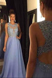Lace Open Back Sexy Blue Chiffon Cheap A-Line Beads Sleeveless Scoop Prom Dresses