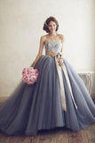 Elegant gray tulle organza sweetheart lace A-line ball gown dresses wedding