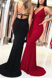 Simple V Neck Mermaid Backless Black Spaghetti Straps Prom Dresses Long Party Dress STB15403