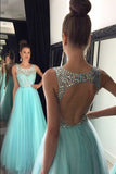 Prom Dresses A Line Scoop Beaded Bodice Tulle Open Back Floor