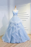 Puffy V Neck Sleeveless Tulle Prom Dress With Appliques Quinceanera STBP4EM4EZY
