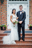 White Sheath Court Train V Neck Capped Sleeve Beading Wedding Dresses