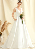 V-neck With Sweep Ball-Gown/Princess Satin Lace Wedding Pat Wedding Dresses Train Pockets Dress