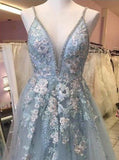 Blue A-line V neck Lace Long Prom Dresses Evening Dresses