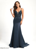 Satin Sweep Prom Dresses Sequins With Lace Trumpet/Mermaid Train Nydia V-neck