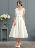 Satin Bria With V-neck A-Line Wedding Wedding Dresses Dress Bow(s) Lace Tea-Length