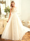 With Ruffle Neck Sweep Lace Clare Lace Train Wedding A-Line Dress Wedding Dresses Scoop Tulle