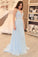 Gorgeous Straps Light Sky Blue Chiffon V-Neck Backless Sleeveless A Line Long Prom Dress