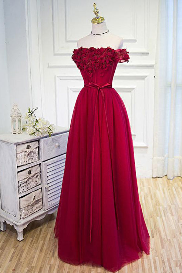 A Line Floor Length Off Shoulder Lace Up Appliques Prom Dresses